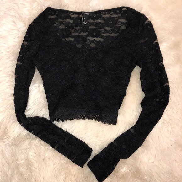 Black Lace Long Sleeve Crop Top - Picture 1 of 3